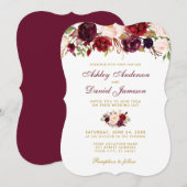 Floral Waterverf Burgundy Wedding Invitation GB Kaart (Voorkant / Achterkant)