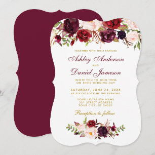 Floral Waterverf Burgundy Wedding Invitation GBB Kaart