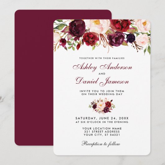 Floral Waterverf Burgundy Wedding Invitation R Kaart (Voorkant / Achterkant)