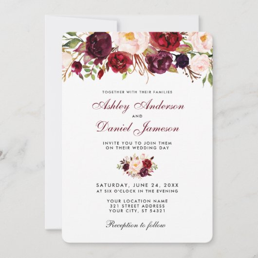 Floral Waterverf Burgundy Wedding Invitation R Kaart (Voorkant)