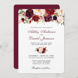 Floral Waterverf Burgundy Wedding Invitation R Kaart
