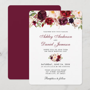 Floral Waterverf Burgundy Wedding Invitation R Kaart
