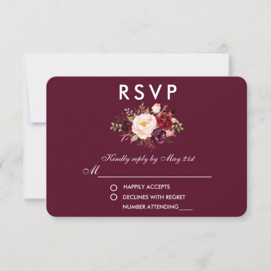 Floral Waterverf Burgundy Wedding RSVP (Voorkant)