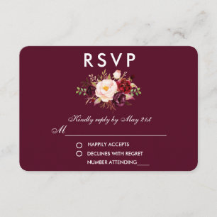 Floral Waterverf Burgundy Wedding RSVP Kaartje
