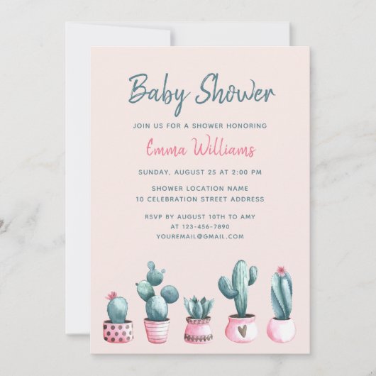 Floral Waterverf Cactus Pink Girl Baby shower Kaart (Voorkant)