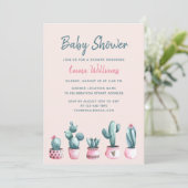Floral Waterverf Cactus Pink Girl Baby shower Kaart (Staand voorkant)