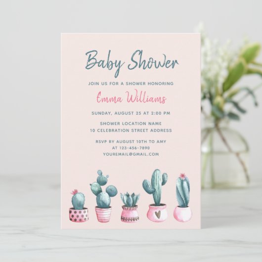 Floral Waterverf Cactus Pink Girl Baby shower Kaart (Staand voorkant)