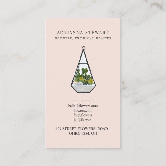Floral waterverf cactus terrarium florist roze visitekaartje (Achterkant)