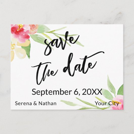Floral Waterverf Casual Handschrift Save the Date Aankondigingskaart (Voorkant)