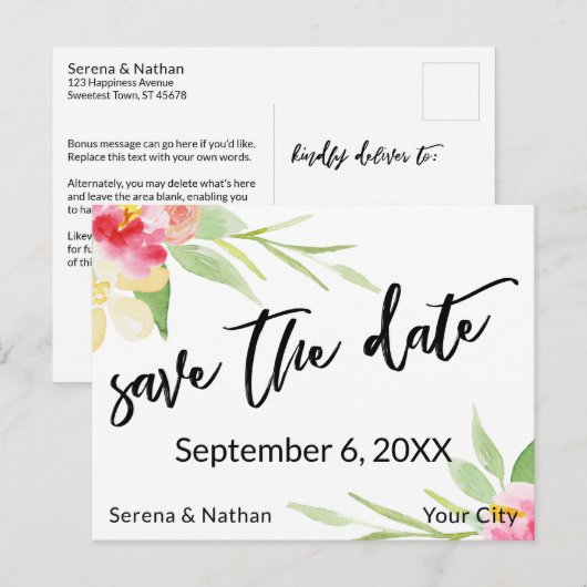 Floral Waterverf Casual Handschrift Save the Date Aankondigingskaart (Voorkant / Achterkant)