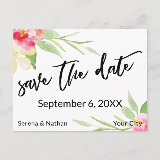 Floral Waterverf Casual Handschrift Save the Date Aankondigingskaart (Voorkant)