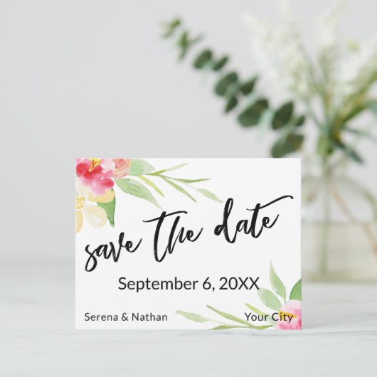 Floral Waterverf Casual Handschrift Save the Date Aankondigingskaart (Staand voorkant)
