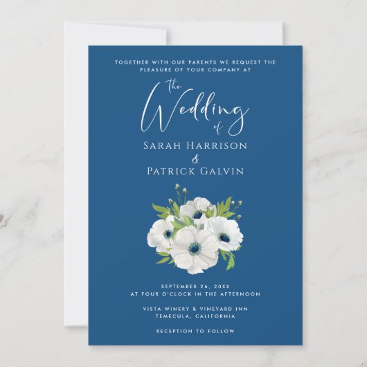 Floral Waterverf Classic Blue Wedding Kaart (Voorkant)