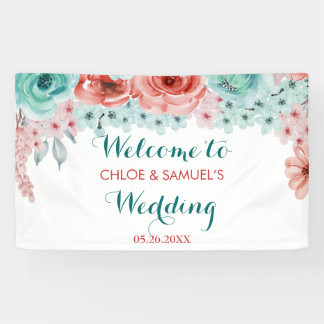 Floral Waterverf Coral Pink Aqua Wedding Achtergro Spandoek