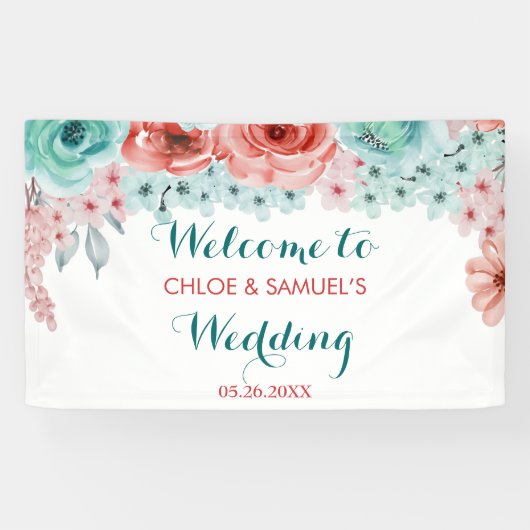 Floral Waterverf Coral Pink Aqua Wedding Achtergro Spandoek (Horizontaal)