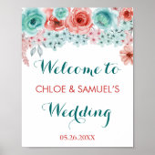 Floral Waterverf Coral Pink Aqua Weduwschap Welkom Poster (Voorkant)