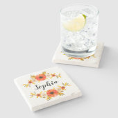 Floral Waterverf Coral WreatCustom Text Stenen Onderzetter (Zijkant)
