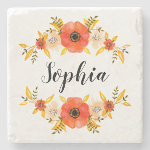 Floral Waterverf Coral WreatCustom Text Stenen Onderzetter