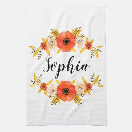 Floral Waterverf Coral WreatCustom Text Theedoek (Verticaal)