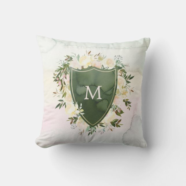 Floral Waterverf Crest | Groen met Monogram Kussen (Voorkant)