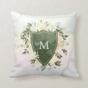 Floral Waterverf Crest   Groen met Monogram Kussen