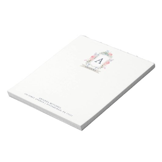 Floral Waterverf Crest met Monogram Notitieblok (Linkerzijde)