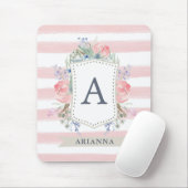 Floral Waterverf Crest met Monogram | Stripe Muismat (Met muis)