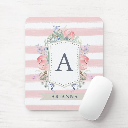 Floral Waterverf Crest met Monogram | Stripe Muismat (Met muis)