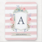 Floral Waterverf Crest met Monogram | Stripe Muismat (Voorkant)