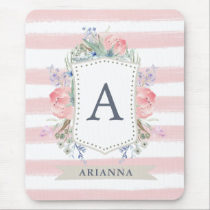 Floral Waterverf Crest met Monogram   Stripe Muismat