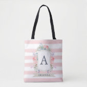 Floral Waterverf Crest met Monogram | Stripe Tote Bag (Voorkant)
