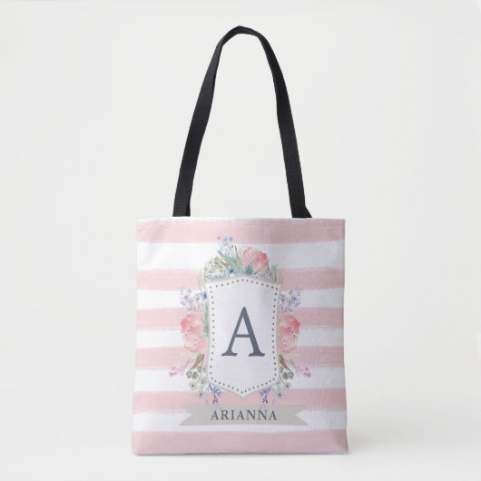 Floral Waterverf Crest met Monogram | Stripe Tote Bag (Voorkant)