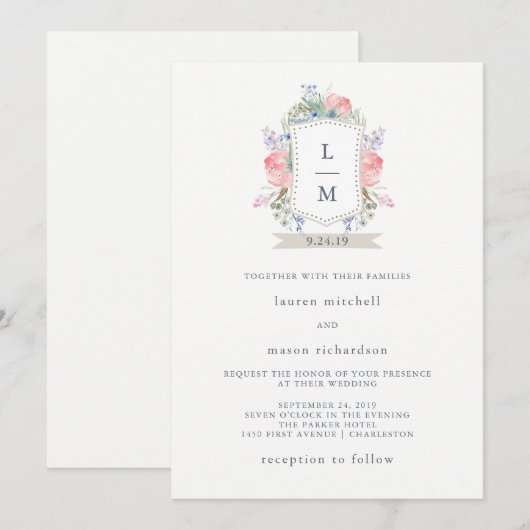 Floral Waterverf Crest Wedding Kaart (Voorkant / Achterkant)