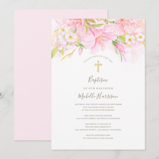 Floral Waterverf Delicate Blush Pink Girl Baptisme Kaart (Voorkant / Achterkant)