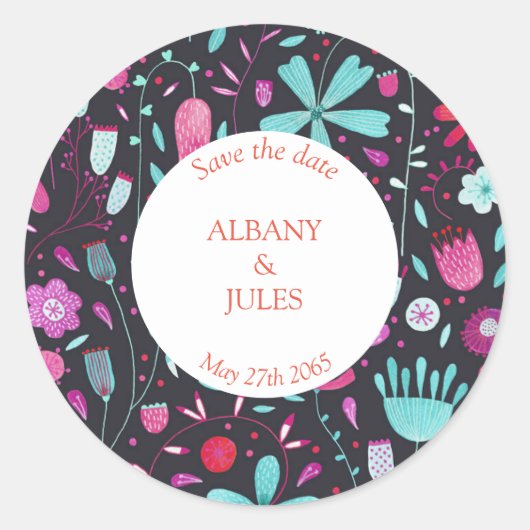 Floral Waterverf Donker sparen de Datum Ronde Sticker (Voorkant)