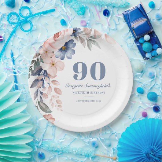 Floral Waterverf Dusty Blue Pink 90th Birthday Papieren Bordje (Feest)