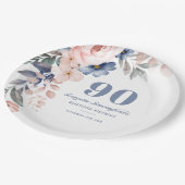 Floral Waterverf Dusty Blue Pink 90th Birthday Papieren Bordje (Gekanteld)