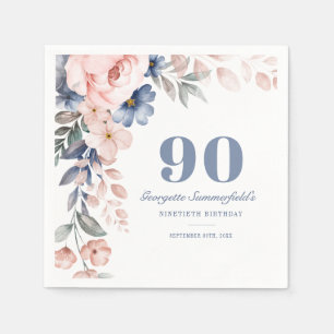 Floral Waterverf Dusty Blue Pink 90th Birthday Servet