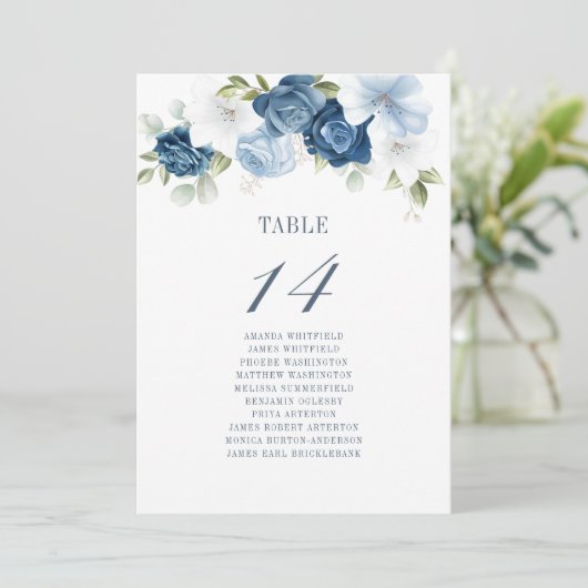 Floral Waterverf Dusty Blue Wedding Table Number Kaart (Staand voorkant)