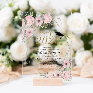 Floral Waterverf Dusty Blush Pink Gold Afstuderen Acryl Uitnodigingen