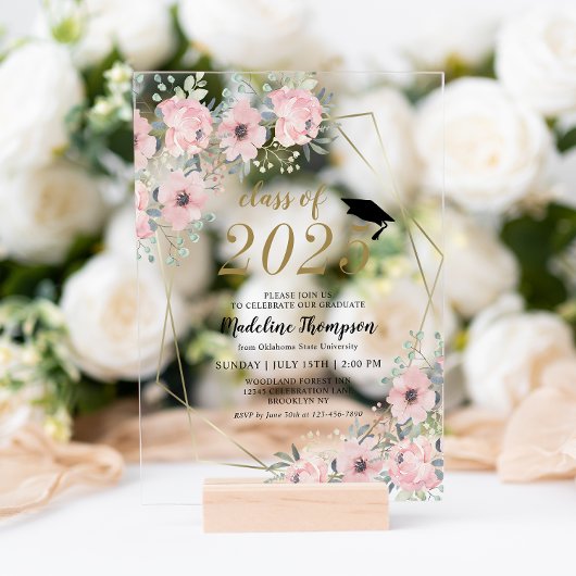 Floral Waterverf Dusty Blush Pink Gold Afstuderen Acryl Uitnodigingen