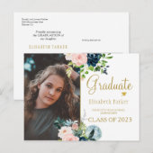Floral waterverf elegant foto afstuderen aankondigingskaart (Voorkant / Achterkant)