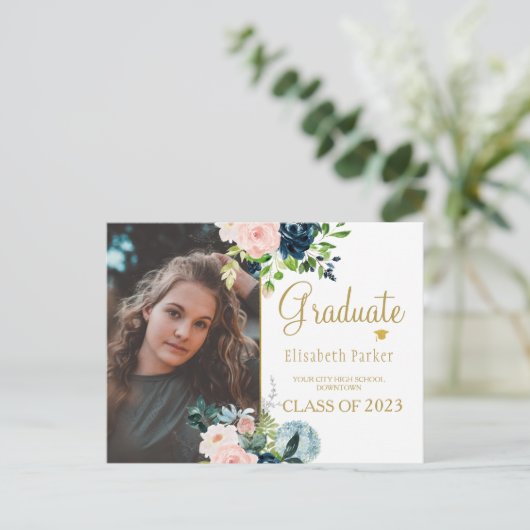 Floral waterverf elegant foto afstuderen aankondigingskaart (Staand voorkant)