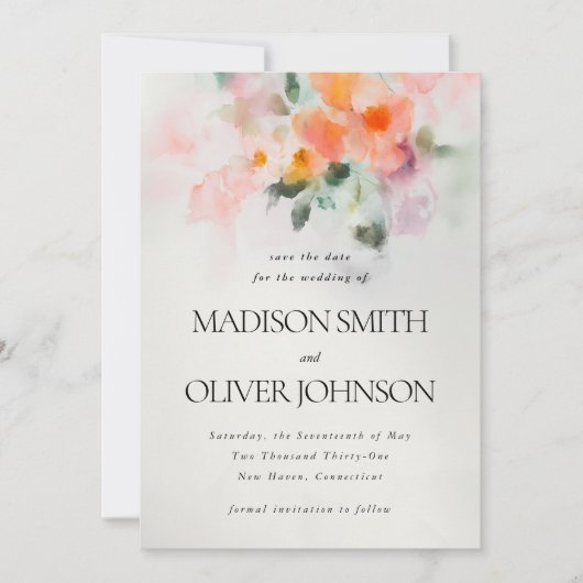 Floral Waterverf Elegant Romantisch Botanisch Save The Date (Voorkant)