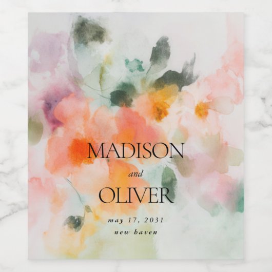 Floral Waterverf Elegant Romantisch Luxe Huwelijk Wijn Etiket (Enkel label)