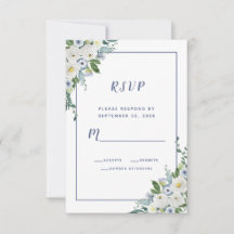 Floral Waterverf Elegant Wedding White Blue RSVP