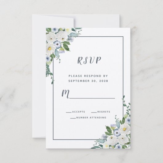 Floral Waterverf Elegant Wedding White Grey RSVP Kaartje (Voorkant)