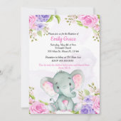 Floral Waterverf Elephant Girl Baptism Uitnodiging (Voorkant)
