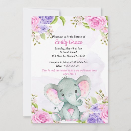 Floral Waterverf Elephant Girl Baptism Uitnodiging (Voorkant)