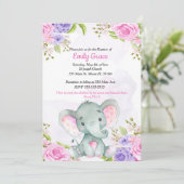 Floral Waterverf Elephant Girl Baptism Uitnodiging (Staand voorkant)